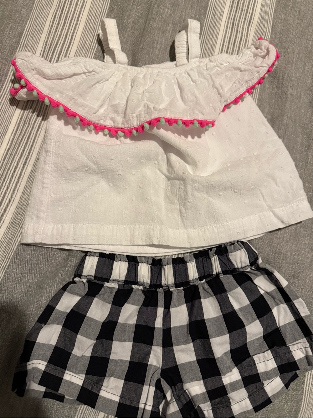 Kate Spade White Eyelet Ruffle Tank with Pink Pom Trim & Black Gingham Shorts